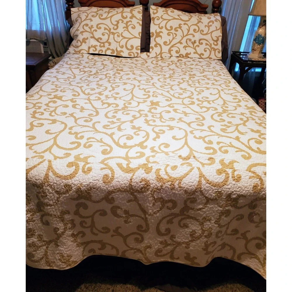Classic Scroll Queen Reversible Geo Print Quilt Top‎ Bedspread 2 Standard Shams